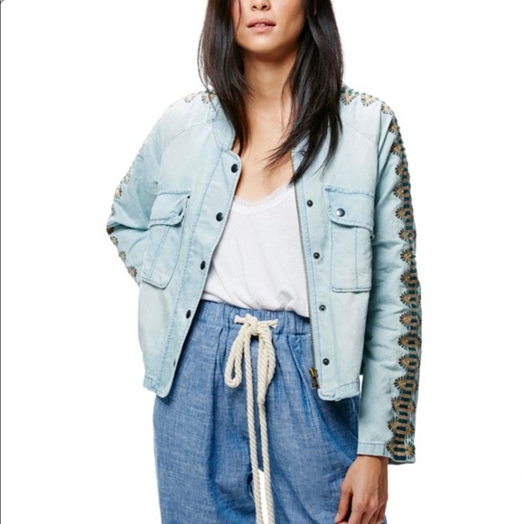 SOLD Free People Embroidered Sleeve Linen Blend Denim Jacket - Picture 9 of 10